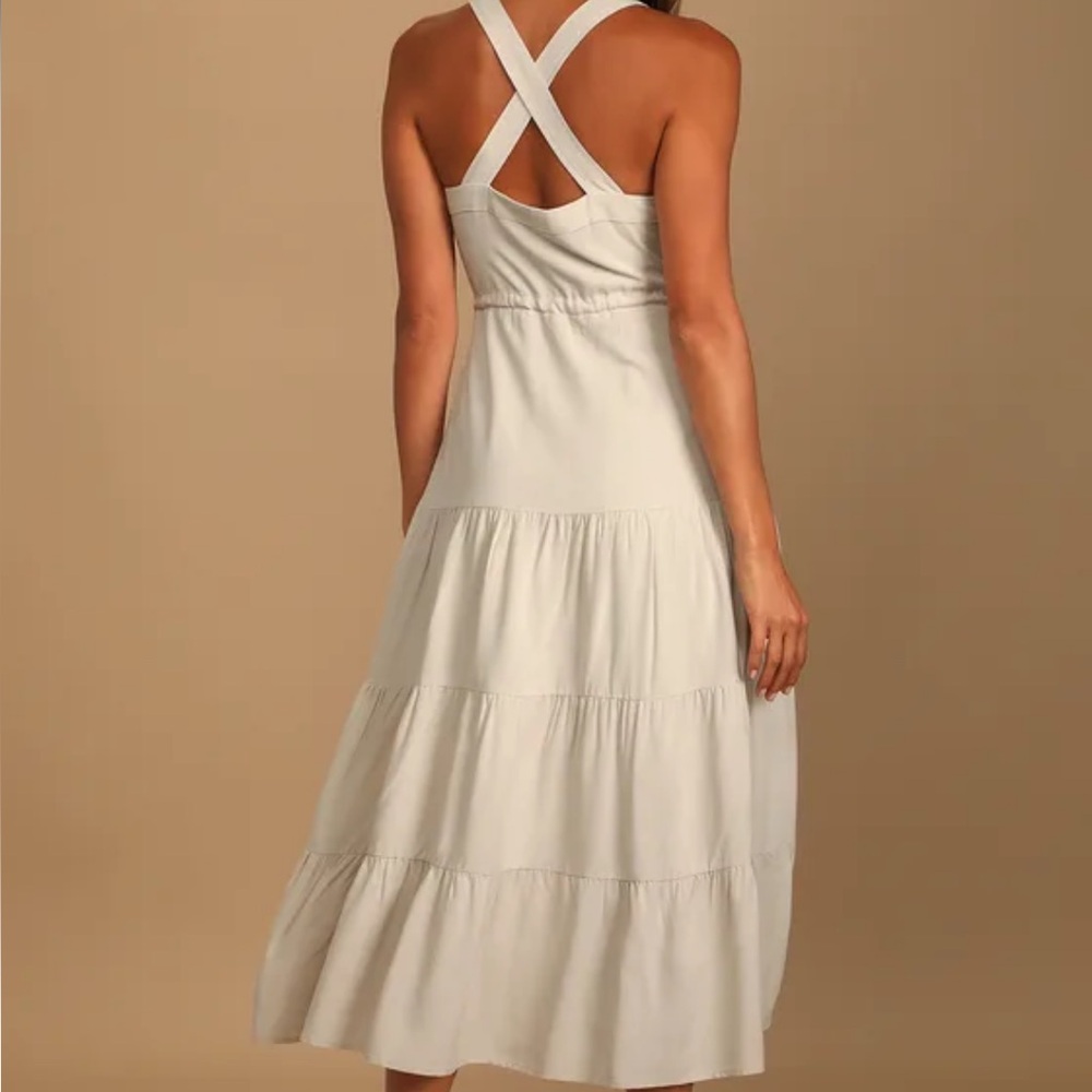 Lulu's Cream Tiered Midi Dress with Button Front - Picture 13 of 15